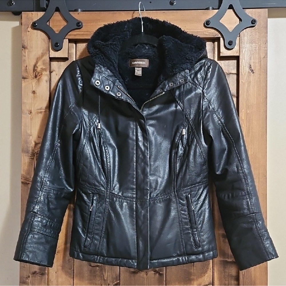Danier Leather Black Thinsulate Faux Fur Lined Hooded Moto Jacket Size 2XS